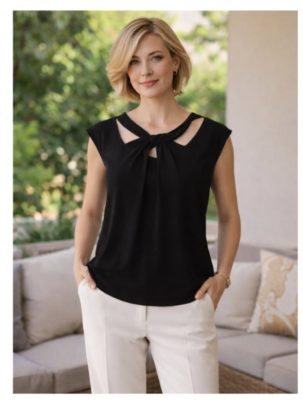 KASPER Black Keyhole Neck Pleated Camisole sleeveless  Size M Classic Elegant